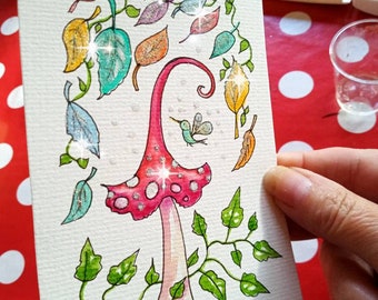 Toadstool watercolor painting with Sparkly Rainbow Coloured Leaves, Hummingbird Original.