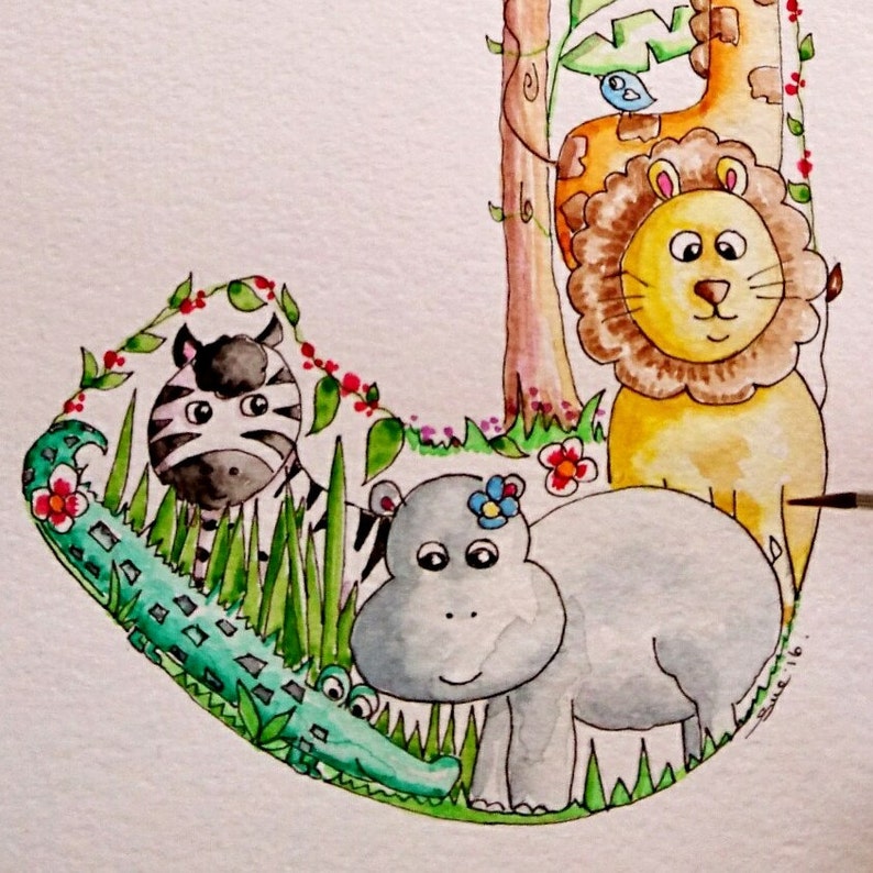letter art alphabet watercolour print j is for jungle alphabet etsy