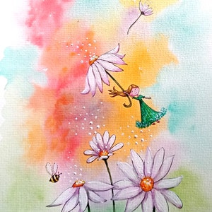 Daisy on a Rainbow Postcard Sized Print. Cute Baby Nursery Wall Art. Buy one get one FREE image 1