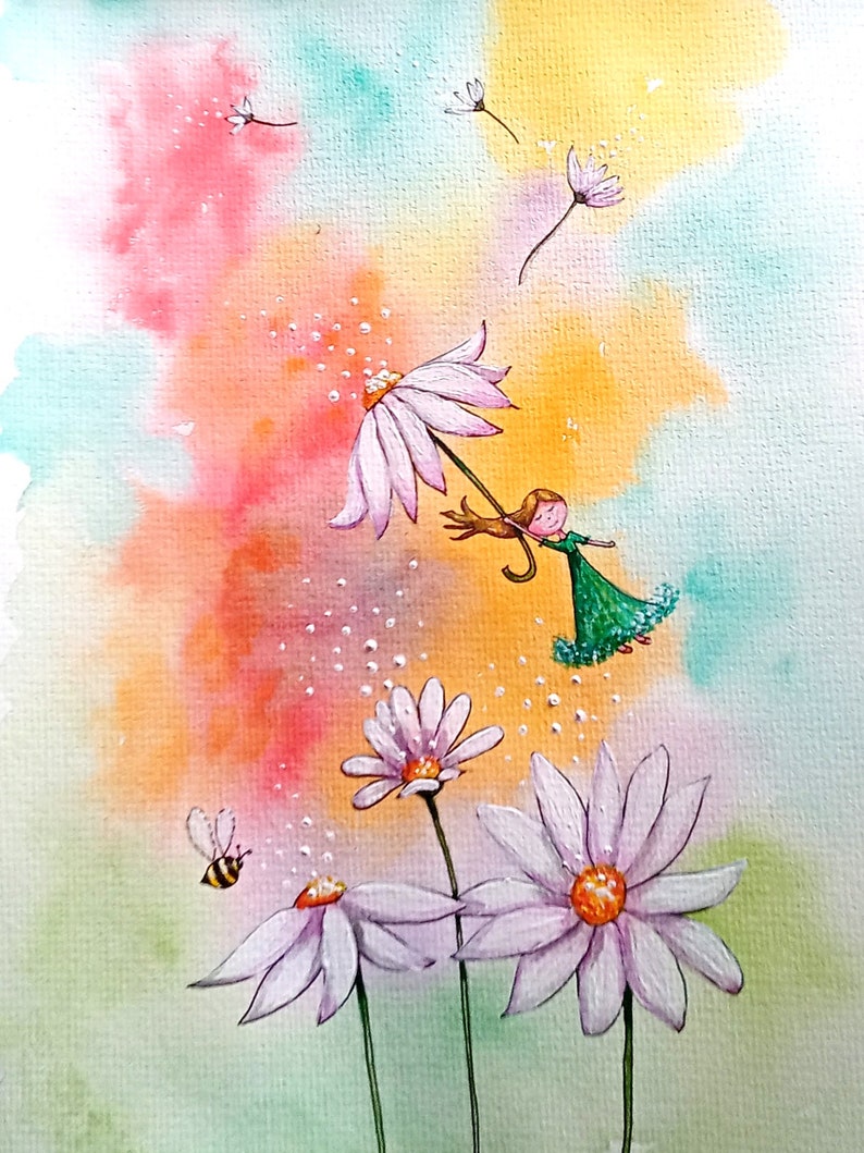 Daisy on a Rainbow Postcard Sized Print. Cute Baby Nursery Wall Art. Buy one get one FREE image 1