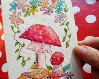 Toadstool watercolor painting with Sparkly Rainbow Coloured Leaves, Original.