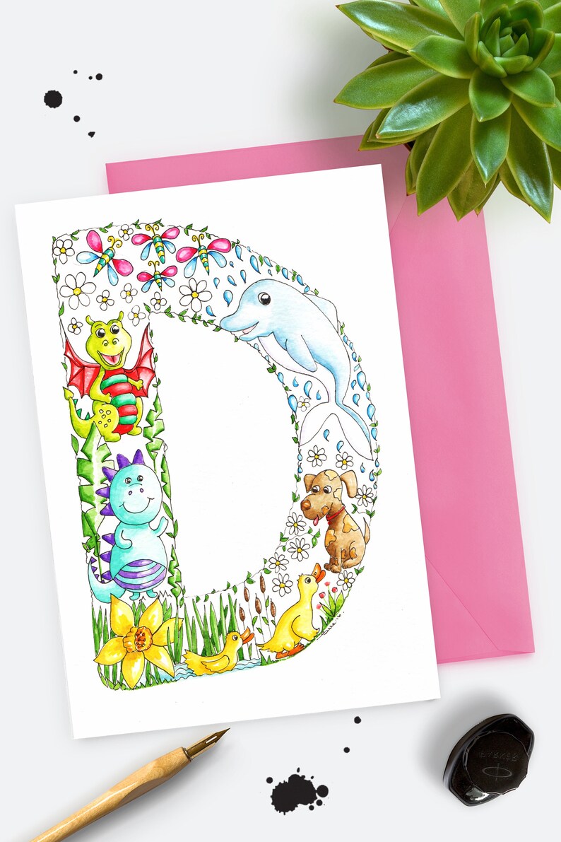 Colourful Birthday Card Alphabet Letter Art Children S Name Art Nursery Decor Alphabet Card Watercolour Art D Is For Childrens Gift