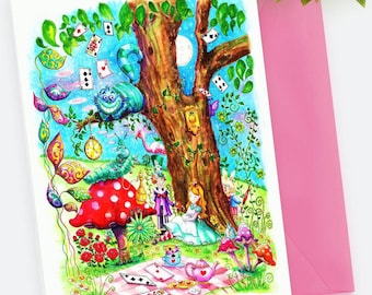 Printable Alice in wonderland themed Greetings Card Colourful Card, Download.