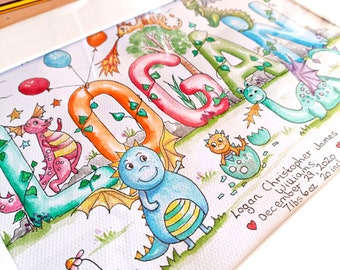 Custom Name Painting, Personalised Childrens Dragon Watercolour Painting.