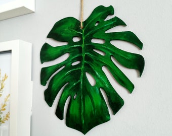 Hand Painted Wooden Tropical Leaf. Monstera wall art.