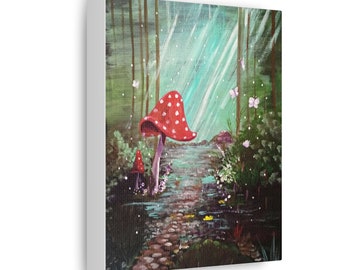 Toadstool by a stream Canvas Art