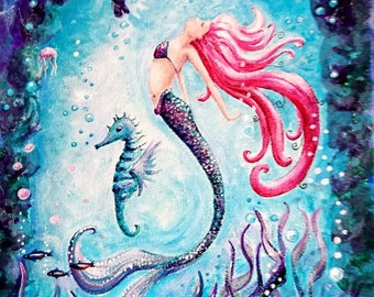 Mermaid Acrylic Original Painting, Ocean, Turtle, Wall Art.