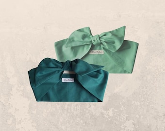 Green Cotton Scarf Set, Retro Head-Tie and Neck Scarves