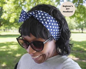 Beginner Headband Sewing Kit, Make Your Own Navy Polka Dot Fabric Hair Scarf
