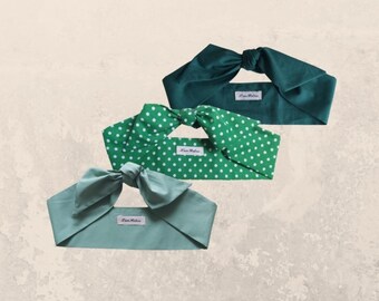 Green Cotton Hair Scarf Set, Retro Self-Tie Headband Bundle