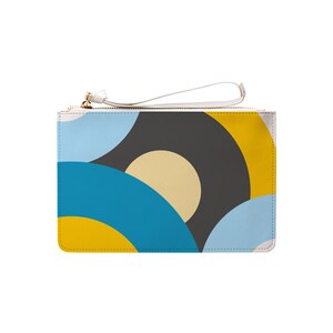 Blue Retro Print Clutch Bag: Vegan PU Leather Wristlet