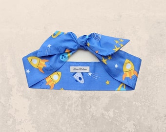 Retro Rocket Headband – Cotton Self-Tie Hair Scarf, Moon Landing Inspired Accessory