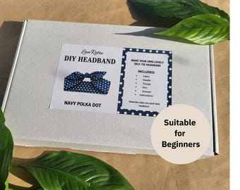 Beginner Headband Sewing Kit, Make Your Own Multiuse Navy Polka Dot Fabric Hair Scarf
