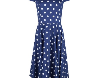 hell bunny blue polka dot dress Hell Bunny Marian 50's Retro Halter Green and White Polka Dot Halter D main image 1