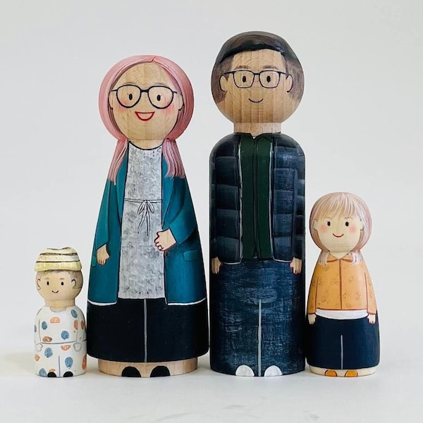 Individuelle Familienfiguren / Familienporträts / personalisierte Familie mit Haustieren / individuelle Peg-Puppen / personalisiertes Familiengeschenk