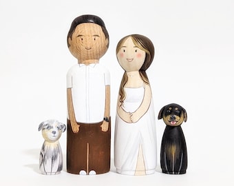 Couple with Pets - Custom Figures / Couple Portrait Peg Dolls / Personalized Anniversary Gift for Boyfriend - Girlfriend