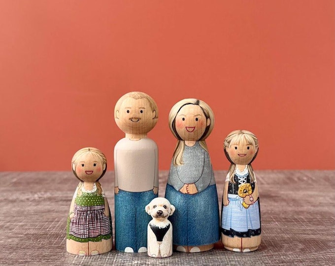 Custom Family Peg Dolls with Pets: Hand-Painted Wooden Keepsake Home Decor