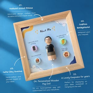Puede incluir: Un marco de madera clara de forma cuadrada que contiene una figura de madera de 7,5 cm de altura con gafas y camiseta negra. El marco incluye cuatro pequeños amuletos de arcilla circulares con ilustraciones de un teléfono, libros, un mango y un tigre.