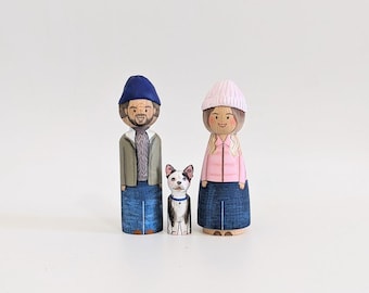 Couple with Pets - Custom Figures / Couple Portrait Peg Dolls / Personalized Anniversary Gift / Thanksgiving Gift / Festive Decor