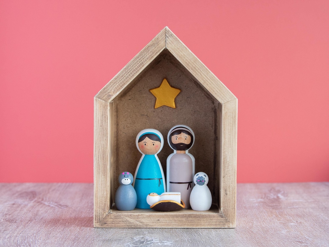 Wooden Nativity Peg Doll Set in Wood House: Christmas Decor - Etsy