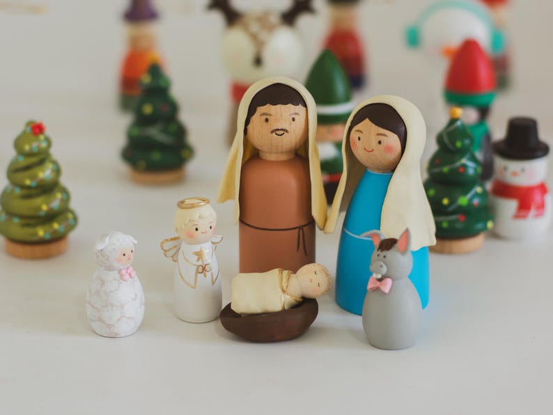 Hand-painted Wooden Nativity Peg Doll Set | 6-piece Christmas Décor ...