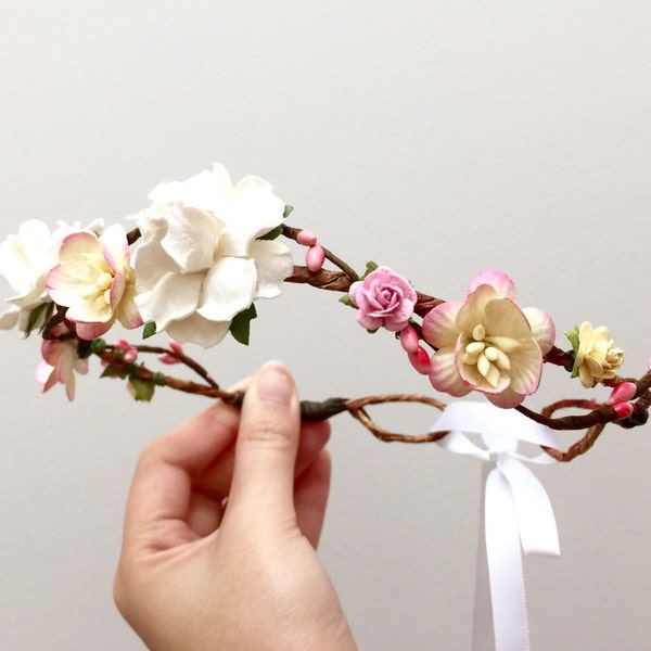 Delicate woodland flower crown headband white and pink rose cherry blossom/ wedding rustic bridal head piece/ flower girl floral wreath