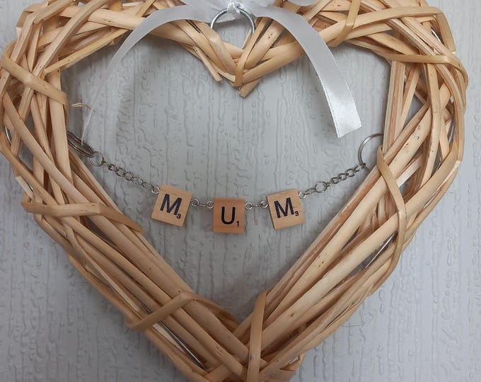 Wicker Heart Decoration,  Mum in scrabble style letters, Mother's day gift idea