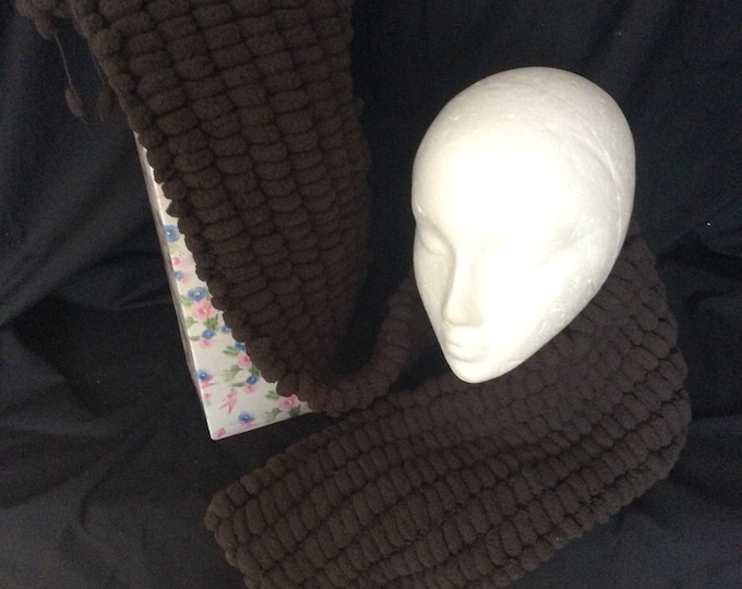 Ladies,pompom scarf, chocolate brown polyester ,   hand knitted, birthday. Mothers day  , Freepost U.K.