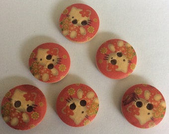 Wooden craft ,sewing buttons, 15 mm , 2 hole kitten pattern, Freepost U.K.