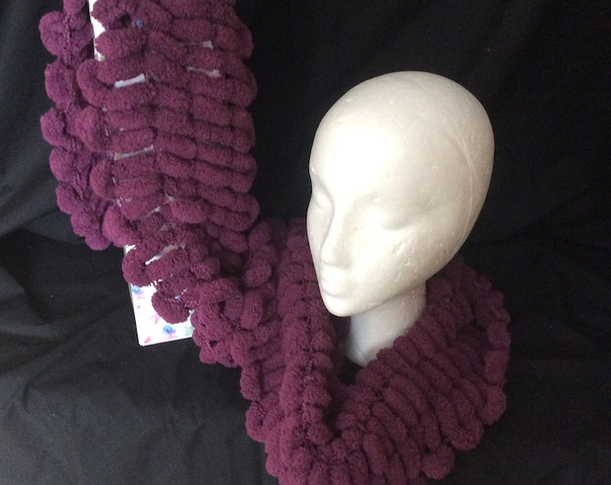Ladies,snowball scarf, plum, polyester ,   hand knitted , birthday,  Mother's Day, Freepost U.K.