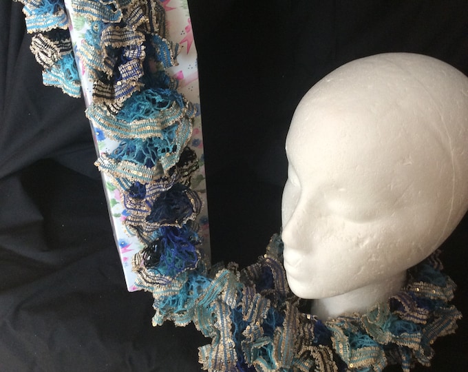 Ladies,opera scarf , blue and gold, polyester and  acrylic,   hand knitted, birthday,  Mother's Day,  Freepost U.K.