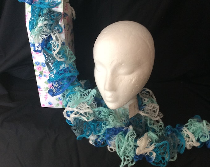 Ladies , Butterfly scarf , turquoise and white , 100% acrylic,   hand knitted , birthday,  Mother's Day, Freepost U.K.