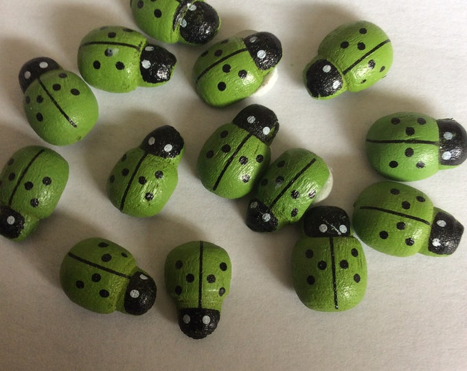 Wooden self adhesive Green Ladybirds  , 12 mm , pack of 14. Craft,card making ,