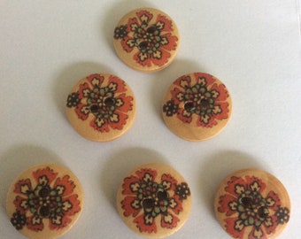 Wooden craft ,sewing buttons, 15 mm , 2 hole red floral pattern, Freepost U.K.