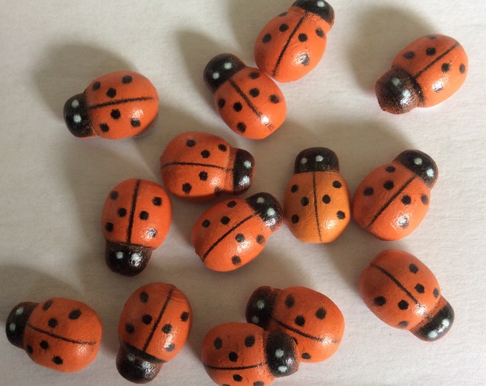 Wooden self adhesive Orange Ladybirds   , 12 mm , pack of 14 , Craft,card making , Freepost ukj