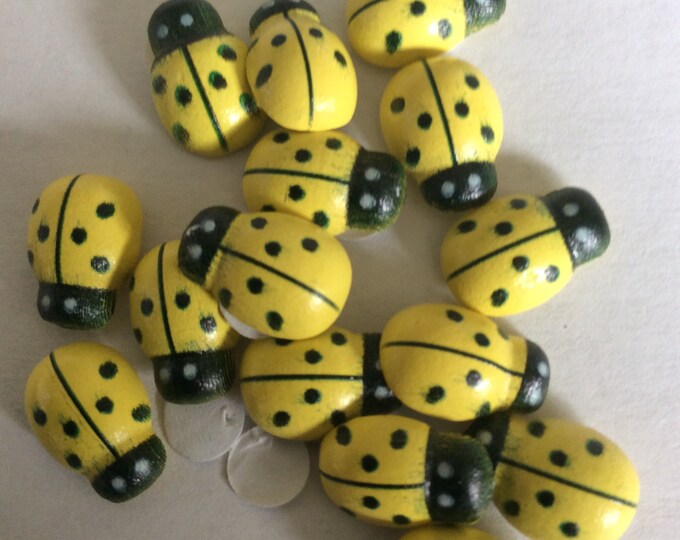 Wooden self adhesive Yellow  Ladybirds  , 12 mm , pack of 15,  Craft,card making , Freepost ukj