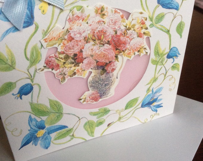 Hand made greeting card  ,vase of pink flowers with envelope , size 4.5”x 4.5”, blank card ,