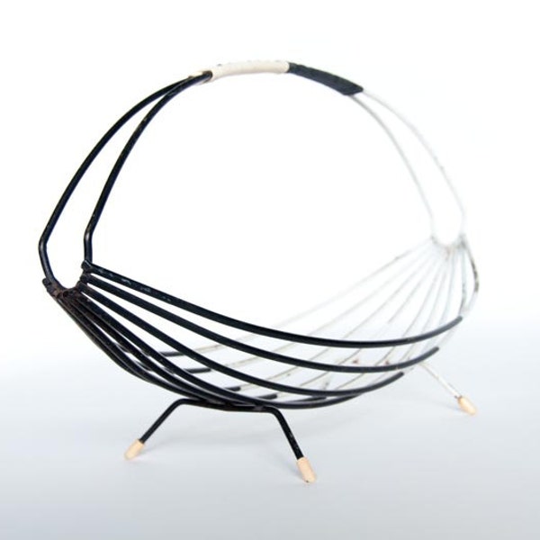 Mid Century Atomic Fruit Bowl Vintage 1950s Sleek Danish Style Hammock Shaped Black and White Steel Wire Basket