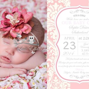 Anuncio de nacimiento/Tarjeta de agradecimiento personalizada Tema personalizado Bebé niña recién nacida