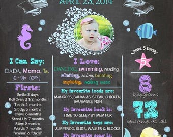 Under the Sea Mermaid Personalised Chalkboard Milestone Poster - A4 - larger sizes on request Seahorse Starfish Fish Water Ocean