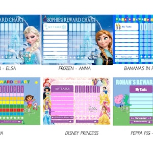 May include: Six colourful reward charts featuring popular children's characters. Each chart has a section for "My Tasks" and a grid for tracking progress. The characters featured are Elsa and Anna from Frozen, Dora the Explorer, Disney Princesses, Bananas in Pyjamas, and Peppa Pig and George.