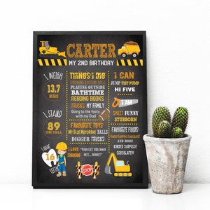 Konstruktion Kreidetafel Personalisiertes Meilenstein Poster - A4 - A1 Bagger, LKW, Stoppschild, Zementwagen, Kran, Säge, Werkzeuge