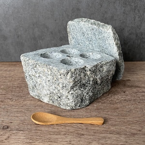 Natural Granite Stone 4 Hole Salt Cellar/Pig/Pinch Pot/Spice Container Storage w/Lid & Spoon | Unique Rock Gift | Handcrafted in Maine