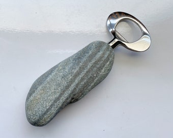 Natural Beach Stone Bottle Opener | Real Rock | Beer Opener | Beverage Tool Bar Accessory | Unique Coastal Gift | Handcrafted in Maine USA