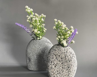 Handcrafted Granite Stone Vase: Elegant Floral Arrangement Decor Gray - Large 5-7" Tall, 1-1/4" Hole
