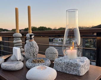 Stone Hurricane Candle Lamp: Natural Stone Votive Holder with Glass Shade, Indoor & Outdoor Centerpiece