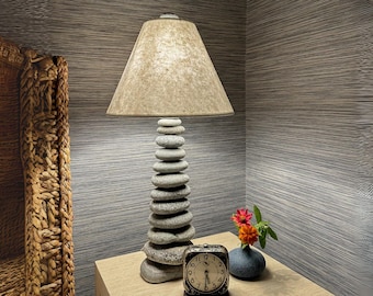 Handcrafted Stone Cairn Lamp – Coastal Beach Cottage Style, Linen Shade