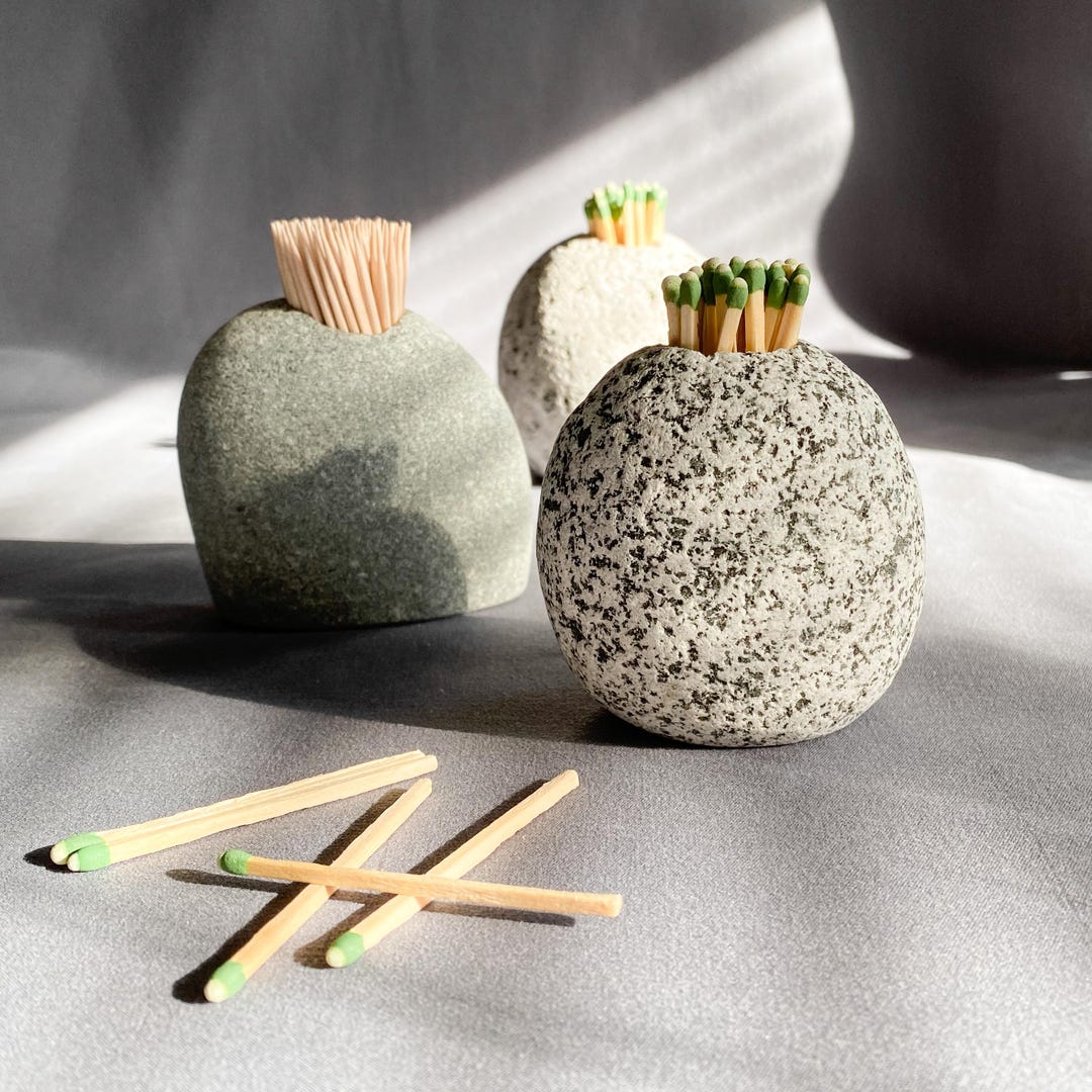 Stone Match Striker & Toothpick Holder – Natural Rock Candle