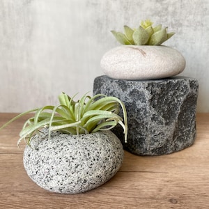 May include: Two decorative planters with faux succulents. One is a speckled gray stone pot with a green plant. The other is a light gray stone pot with a green succulent on top of a dark gray stone block.