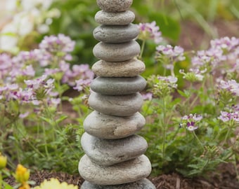 Stacked Stone Garden Cairn – 13-Inch Tall Coastal Rock Sculpture with Aluminum Rod, Gray Color
